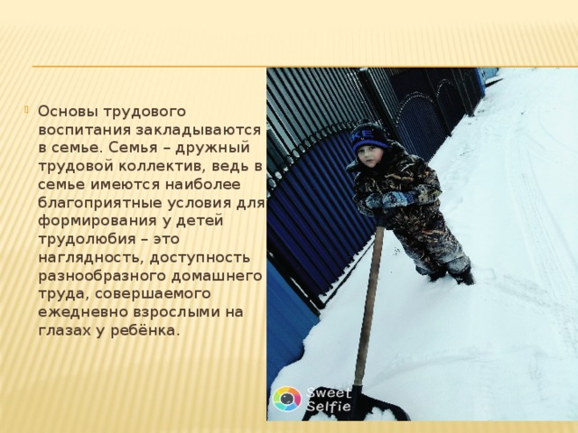 Основы трудового воспитания закладываются в семье. Семья – дружный трудовой коллектив, ведь в семье имеются наиболее благоприятные условия для формирования у детей трудолюбия – это наглядность, доступность разнообразного домашнего труда, совершаемого ежедневно взрослыми на глазах у ребёнка. 