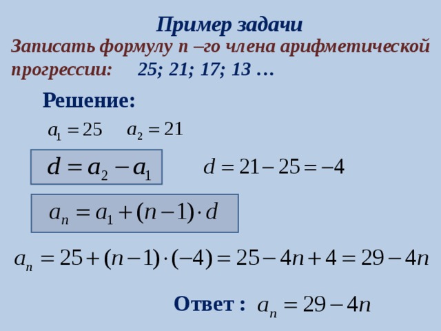 Пример задачи Записать формулу n  – го члена арифметической прогрессии: 25; 21; 17; 13 … Решение: Ответ : 