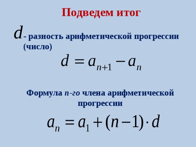 Подведем итог - разность арифметической прогрессии (число) Формула n-го члена арифметической прогрессии 
