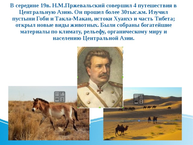 В середине 19в. Н.М.Пржевальский совершил 4 путешествия в Центральную Азию. Он прошел более 30тыс.км. Изучил пустыни Гоби и Такла-Макан, истоки Хуанхэ и часть Тибета; открыл новые виды животных. Были собраны богатейшие материалы по климату, рельефу, органическому миру и населению Центральной Азии. 