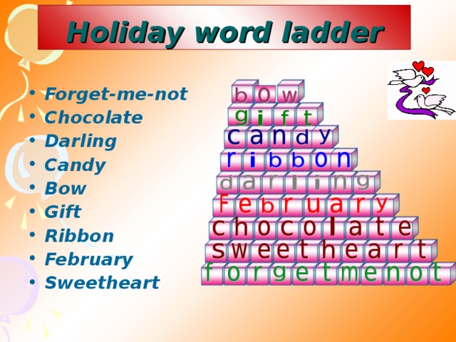 Holiday word ladder Forget-me-not Chocolate Darling Candy Bow Gift Ribbon February Sweetheart