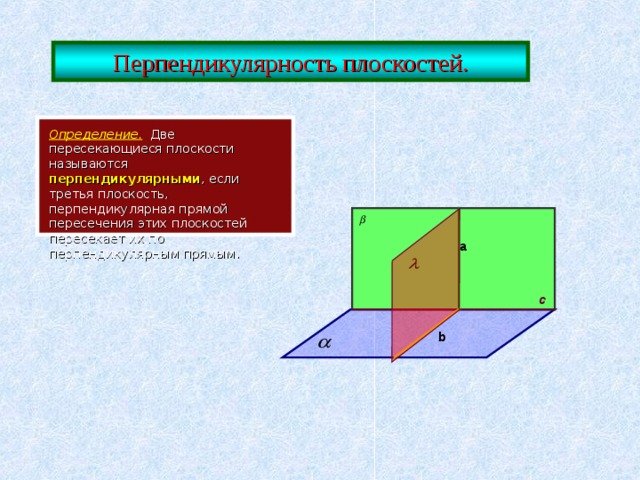  Перпендикулярность плоскостей.  Определение.  Две пересекающиеся плоскости называются перпендикулярными , если третья плоскость, перпендикулярная прямой пересечения этих плоскостей пересекает их по перпендикулярным прямым.   a с  b 
