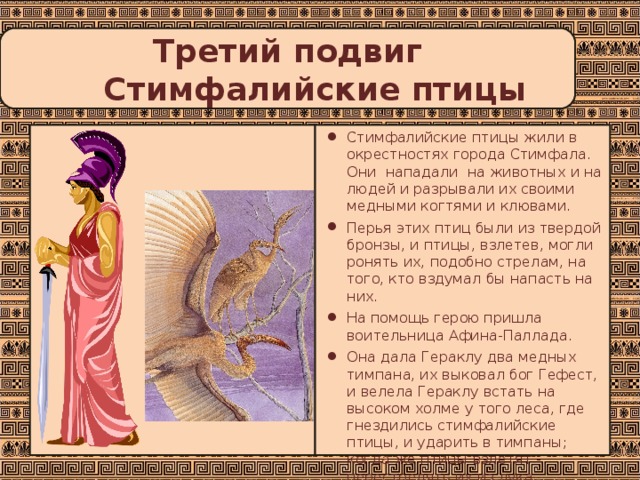 Третий подвиг  Стимфалийские птицы Стимфалийские птицы жили в окрестностях города Стимфала. Они нападали на животных и на людей и разрывали их своими медными когтями и клювами. Перья этих птиц были из твердой бронзы, и птицы, взлетев, могли ронять их, подобно стрелам, на того, кто вздумал бы напасть на них. На помощь герою пришла воительница Афина-Паллада. Она дала Гераклу два медных тимпана, их выковал бог Гефест, и велела Гераклу встать на высоком холме у того леса, где гнездились стимфалийские птицы, и ударить в тимпаны; когда же птицы взлетят - перестрелять их из лука. 