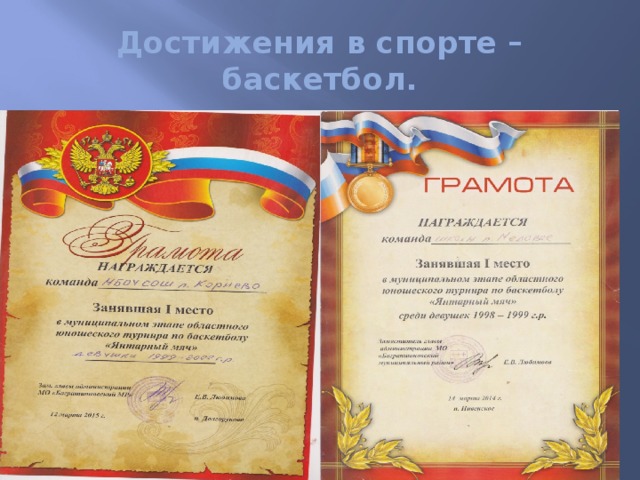 Достижения в спорте – баскетбол. 