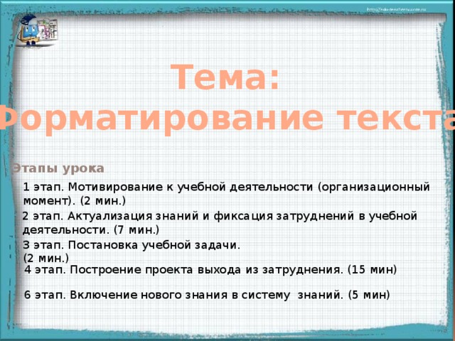 Тема: «Форматирование текста» Этапы урока 1 этап. Мотивирование к учебной деятельности (организационный момент). (2 мин.) 2 этап. Актуализация знаний и фиксация затруднений в учебной деятельности. (7 мин.) 3 этап. Постановка учебной задачи. (2 мин.) 4 этап. Построение проекта выхода из затруднения. (15 мин) 6 этап. Включение нового знания в систему знаний. (5 мин) 