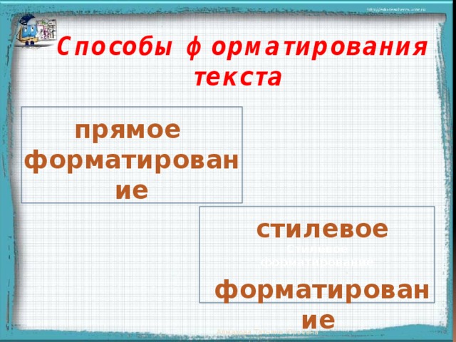 Способы форматирования текста прямое форматирование Стилевое  форматирование  стилевое  форматирование  Появление надписей происходит после щелчка мыши Алмазова Татьяна Юрьевна  