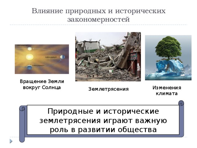 Влияние природных и исторических закономерностей Вращение Земли вокруг Солнца Изменения климата Землетрясения Природные и исторические землетрясения играют важную роль в развитии общества 