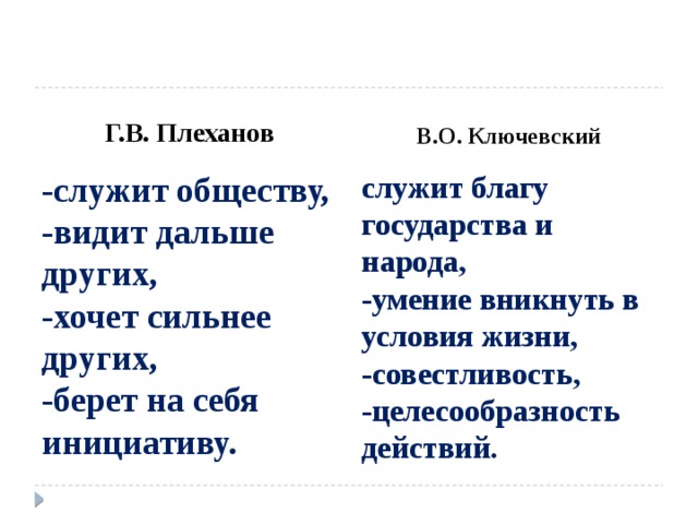 Г.В. Плеханов В.О. Ключевский -служит обществу, служит благу государства и народа, -видит дальше -умение вникнуть в других, условия жизни, -хочет сильнее -совестливость, других, -целесообразность -берет на себя действий. инициативу. 
