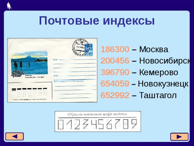Почтовые индексы 186300 – Москва  200456 – Новосибирск 396790  – Кемерово 654059 – Новокузнецк 652992 – Таштагол 