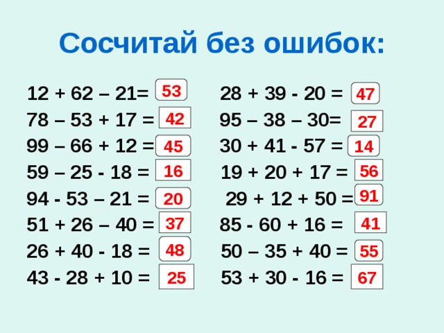 Сосчитай без ошибок: 12 + 62 – 21=  28 + 39 - 20 = 78 – 53 + 17 = 95 – 38 – 30= 99 – 66 + 12 = 30 + 41 - 57 = 59 – 25 - 18 = 19 + 20 + 17 = 94 - 53 – 21 = 29 + 12 + 50 = 51 + 26 – 40 = 85 - 60 + 16 = 26 + 40 - 18 = 50 – 35 + 40 = 43 - 28 + 10 = 53 + 30 - 16 = 53 47 42 27 45 14 16 56 91 20 37 41 48 55 25 67 