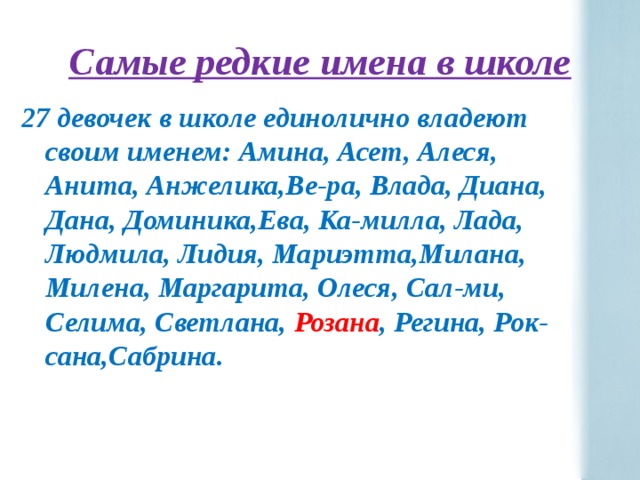 Самые редкие имена в школе 27 девочек в школе единолично владеют своим именем: Амина, Асет, Алеся, Анита, Анжелика,Ве-ра, Влада, Диана, Дана, Доминика,Ева, Ка-милла, Лада, Людмила, Лидия, Мариэтта,Милана, Милена, Маргарита, Олеся, Сал-ми, Селима, Светлана, Розана , Регина, Рок-сана,Сабрина.  