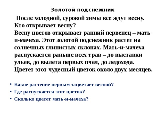 Каспер до весны текст. Текст золотой Подснежник. Золотой Подснежник текст 2 класс. Золотой Подснежник текст техника чтения. Текст про Подснежник.