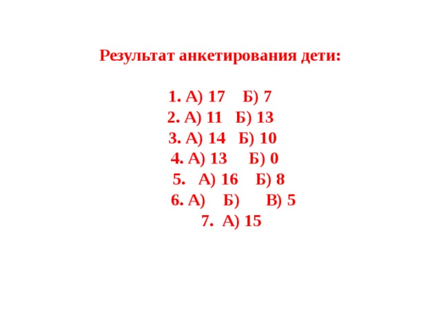 Результат анкетирования дети:   1. А) 17 Б) 7  2. А) 11 Б) 13  3. А) 14 Б) 10  4. А) 13 Б) 0  5. А) 16 Б) 8  6. А) Б) В) 5  7. А) 15   