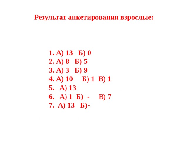 Результат анкетирования взрослые: 1. А) 13 Б) 0 2. А) 8 Б) 5 3. А) 3 Б) 9 4. А) 10 Б) 1 В) 1 А) 13 А) 1 Б) - В) 7 7. А) 13 Б)- 
