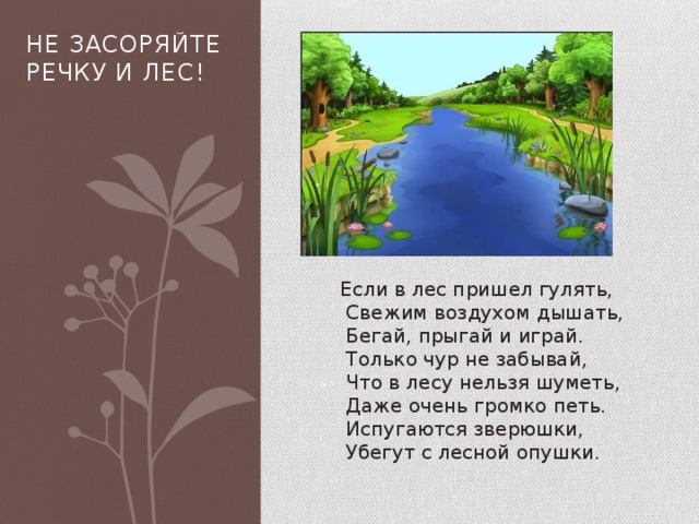 Придем гулять. Если в лес пошел гулять свежим воздухом. Не засоряйте реки.