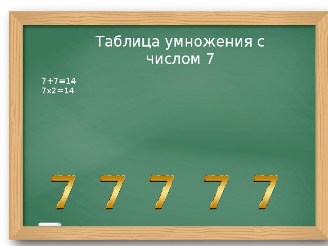 Таблица умножения с числом 7 7+7=14 7х2=14 