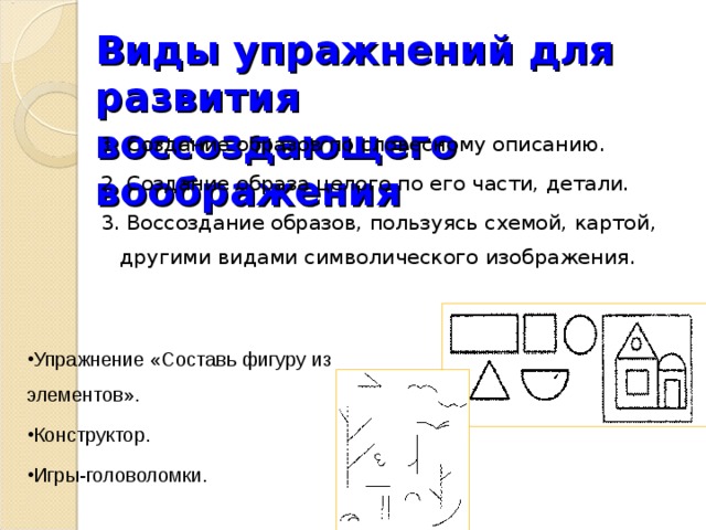 Виды упражнений для развития  воссоздающего воображения 1. Создание образов по словесному описанию. 2. Создание образа целого по его части, детали. 3. Воссоздание образов, пользуясь схемой, картой, другими видами символического изображения.
