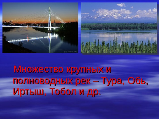   Множество крупных и полноводных рек – Тура, Обь, Иртыш, Тобол и др . 