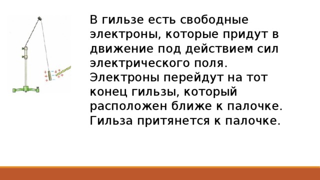 В гильзе есть свободные электроны, которые придут в движение под действием сил электрического поля. Электроны перейдут на тот конец гильзы, который расположен ближе к палочке. Гильза притянется к палочке. 