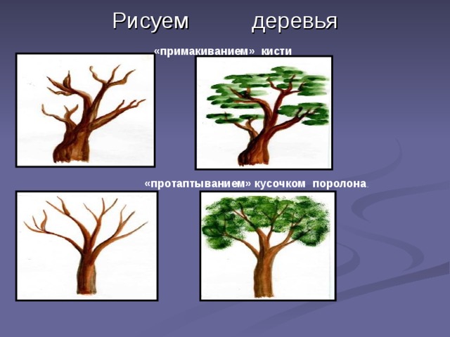 Рисуем деревья «примакиванием» кисти «протаптыванием» кусочком поролона . 