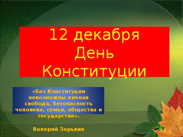 12 декабря  День Конституции «Без Конституции невозможны личная свобода, безопасность человека, семьи, общества и государства».  Валерий Зорькин  