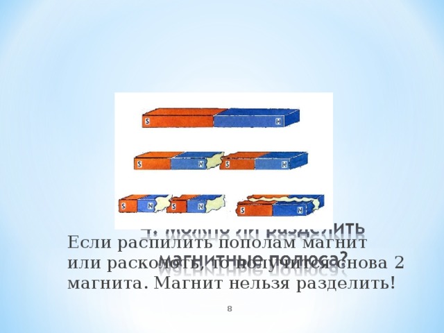 Полосовой магнит распилили пополам как показано на рисунке какими магнитными полюсами станут концы