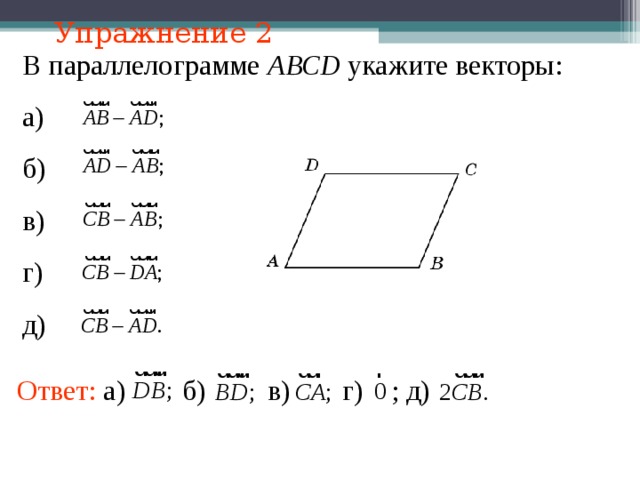 Упражнение 2 В параллелограмме  АВСD укажите векторы: а) б) в) г) д) В режиме слайдов ответы появляются после кликанья мышкой Ответ: а) б) в) д) г) ; 14 