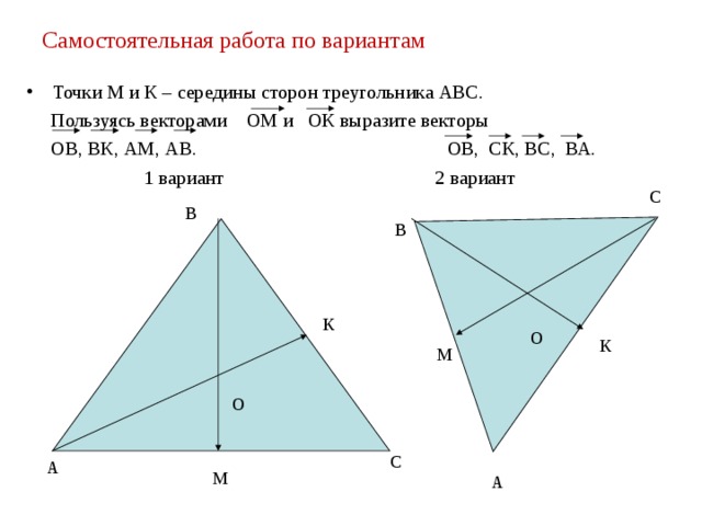 Самостоятельная работа по вариантам Точки М и К – середины сторон треугольника АВС.  Пользуясь векторами ОМ и ОК выразите векторы  ОВ, ВК, АМ, АВ. ОВ, СК, ВС, ВА.  1 вариант 2 вариант С В В К О К М О С А М А 