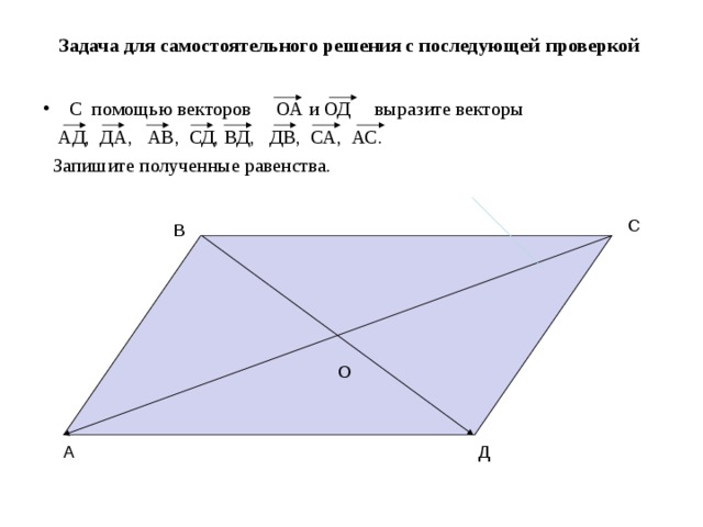 Задача для самостоятельного решения с последующей  проверкой С помощью векторов ОА и ОД выразите векторы  АД, ДА, АВ, СД, ВД, ДВ, СА, АС.  Запишите полученные равенства. С В О Д А 