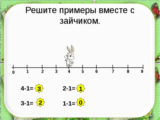 Решите примеры вместе с зайчиком. 2 3 4 5 6 7 8 9 1 0 4-1= 3-1= 2-1= 1-1= 3 1 2 0 