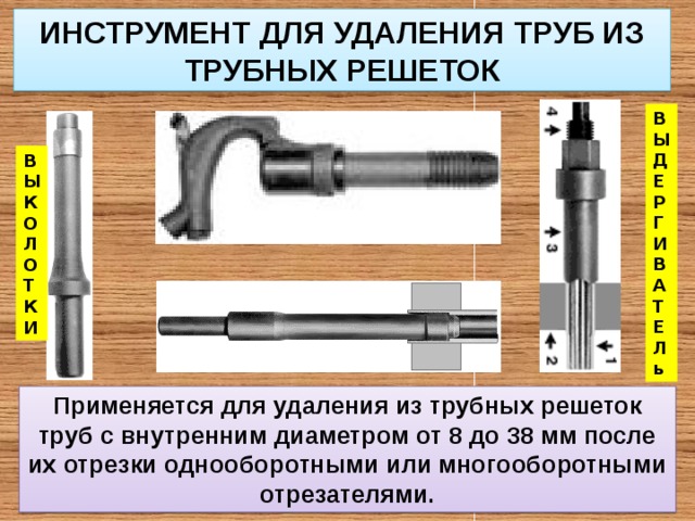 ИНСТРУМЕНТ ДЛЯ УДАЛЕНИЯ ТРУБ ИЗ ТРУБНЫХ РЕШЕТОК В Ы Д Е Р Г И В А Т Е Л ь  В Ы К О Л О Т К И Применяется для удаления из трубных решеток труб с внутренним диаметром от 8 до 38 мм после их отрезки однооборотными или многооборотными отрезателями. 
