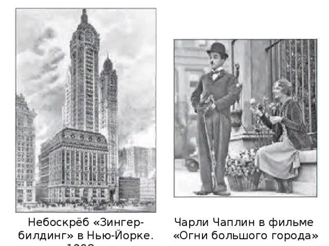 Небоскрёб «Зингер-билдинг» в Нью-Йорке. 1908 г . Чарли Чаплин в фильме «Огни большого города» 
