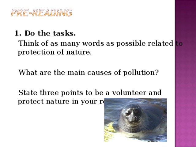   1. Do the tasks.  Think of as many words as possible related to  protection of nature.  What are the main causes of pollution?  State three points to be a volunteer and protect nature in your region. 