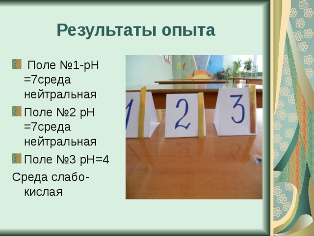 Результаты опыта  Поле №1-рН =7среда нейтральная Поле №2 рН =7среда нейтральная Поле №3 рН=4 Среда слабо- кислая 