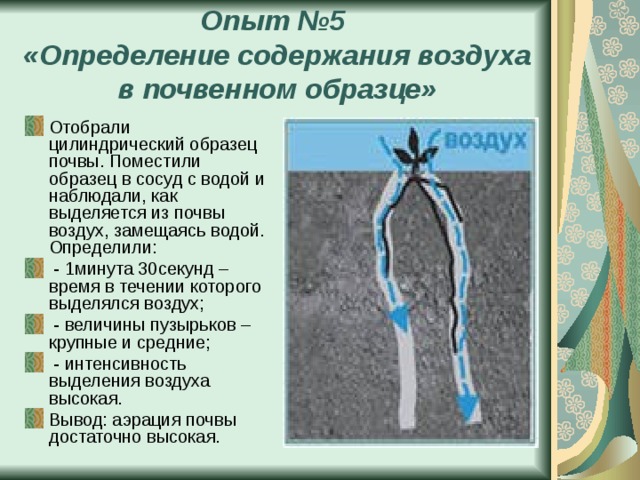 Опыт №5  «Определение содержания воздуха в почвенном образце» Отобрали цилиндрический образец почвы. Поместили образец в сосуд с водой и наблюдали, как выделяется из почвы воздух, замещаясь водой. Определили:  - 1минута 30секунд –время в течении которого выделялся воздух;  - величины пузырьков – крупные и средние;  - интенсивность выделения воздуха высокая. Вывод: аэрация почвы достаточно высокая. 