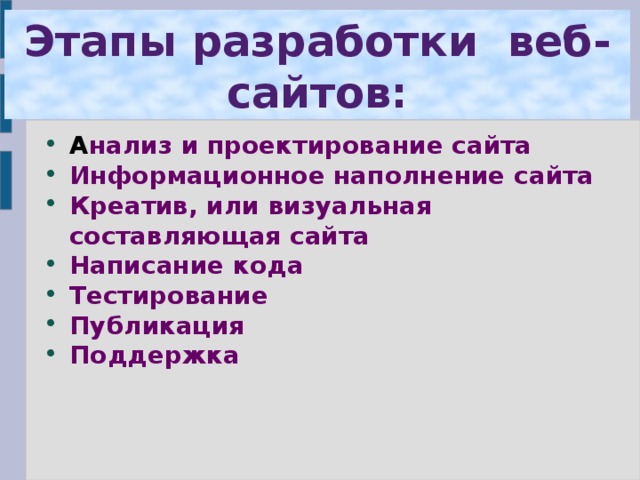 Этапы разработки веб-сайтов: А нализ и проектирование сайта Информационное наполнение сайта Креатив, или визуальная составляющая сайта Написание кода Тестирование Публикация Поддержка 