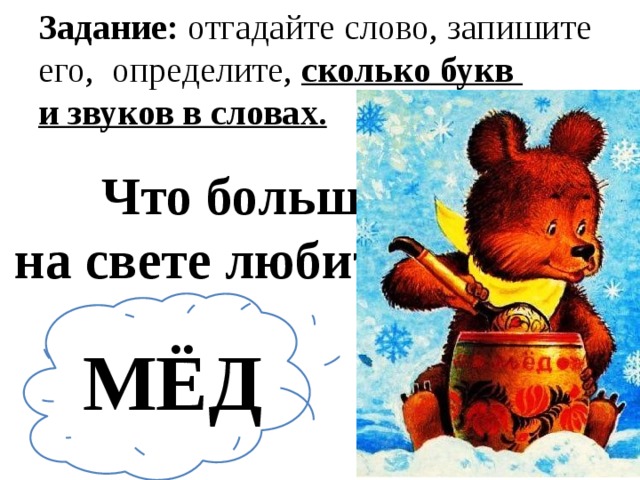 Задание:  отгадайте слово, запишите его, определите, сколько букв и звуков в словах. Что больше всего на свете любит медведь?  МЁД 