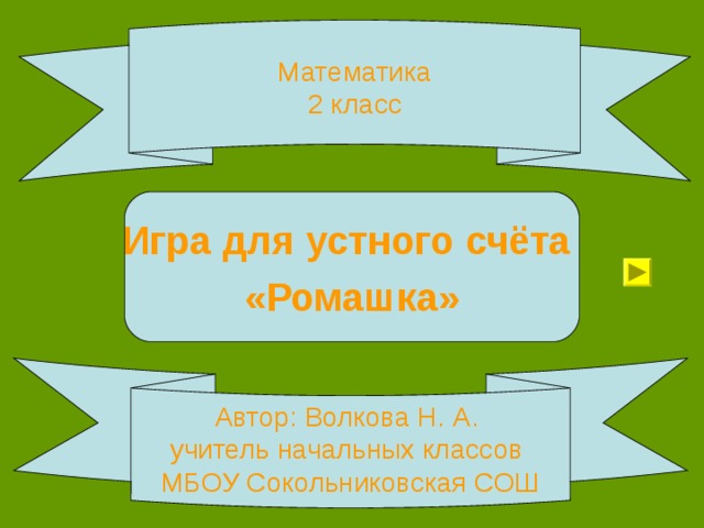 Математика  2 класс Игра для устного счёта «Ромашка» Автор: Волкова Н. А. учитель начальных классов МБОУ Сокольниковская СОШ 