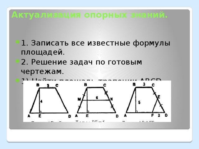 Актуализация опорных знаний.   1. Записать все известные формулы площадей. 2. Решение задач по готовым чертежам. 1) Найти площадь трапеции АВСD. 