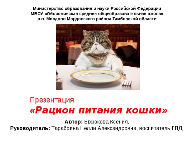 Министерство образования и науки Российской Федерации МБОУ «Оборонинская средняя общеобразовательная школа» р.п. Мордово Мордовского района Тамбовской области Презентация  « Рацион питания кошки » Автор: Евсюкова Ксения. Руководитель: Тарабрина Нелли Александровна, воспитатель ГПД. 