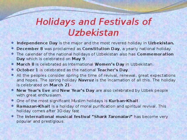 uzbek national holidays essay