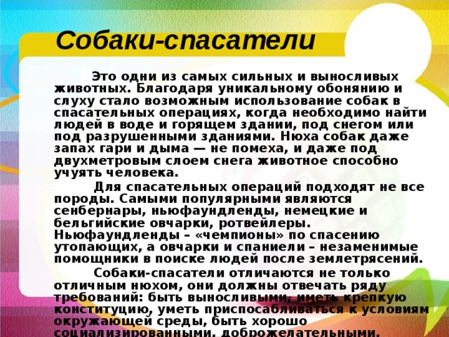Собаки-спасатели  Это одни из самых сильных и выносливых животных. Благодаря уникальному обонянию и слуху стало возможным использование собак в спасательных операциях, когда необходимо найти людей в воде и горящем здании, под снегом или под разрушенными зданиями. Нюха собак даже запах гари и дыма — не помеха, и даже под двухметровым слоем снега животное способно учуять человека.  Для спасательных операций подходят не все породы. Самыми популярными являются сенбернары, ньюфаундленды, немецкие и бельгийские овчарки, ротвейлеры. Ньюфаундленды – «чемпионы» по спасению утопающих, а овчарки и спаниели – незаменимые помощники в поиске людей после землетрясений.  Собаки-спасатели отличаются не только отличным нюхом, они должны отвечать ряду требований: быть выносливыми, иметь крепкую конституцию, уметь приспосабливаться к условиям окружающей среды, быть хорошо социализированными, доброжелательными, послушными и покладистыми. 