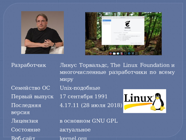 Разработчик Семейство ОС Линус Торвальдс, The Linux Foundation и многочисленные разработчики по всему миру Первый выпуск Unix-подобные 17 сентября 1991 Последняя версия Лицензия 4.17.11 (28 июля 2018) Состояние в основном GNU GPL Веб-сайт актуальное kernel.org  