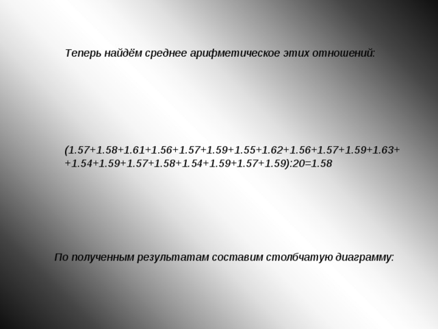 Теперь найдём среднее арифметическое этих отношений:   (1.57+1.58+1.61+1.56+1.57+1.59+1.55+1.62+1.56+1.57+1.59+1.63+ +1.54+1.59+1.57+1.58+1.54+1.59+1.57+1.59):20=1.58 По полученным результатам составим столбчатую диаграмму: 