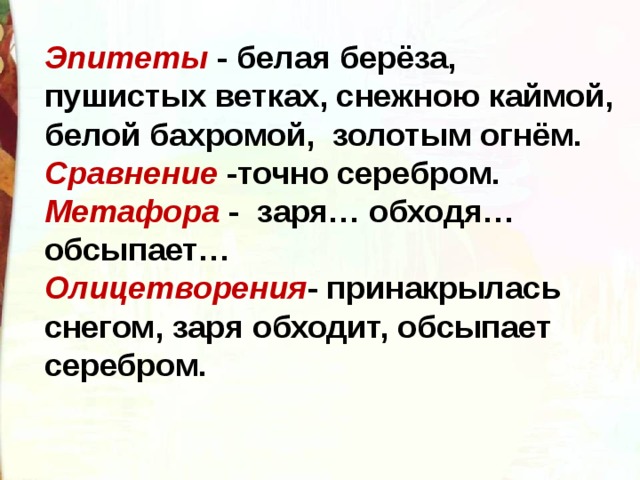 Эпитеты - белая берёза, пушистых ветках, снежною каймой, белой бахромой, золотым огнём.  Сравнение -точно серебром.  Метафора - заря… обходя… обсыпает… Олицетворения - принакрылась снегом, заря обходит, обсыпает серебром.  