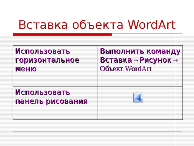 Вставка объекта WordArt Использовать горизонтальное меню Выполнить команду Вставка → Рисунок →Объект WordArt Использовать панель рисования