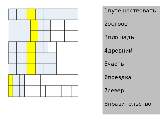 1путешествовать   2остров 3площадь 4древний 5часть 6поездка 7север 8правительство                                                                                                                 