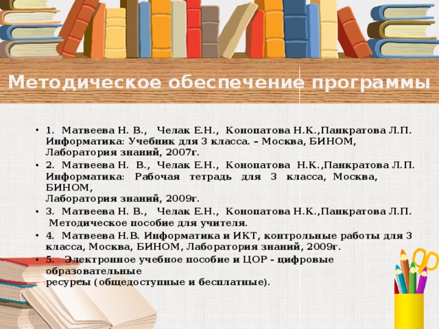 Методическое обеспечение программы   1. Матвеева Н. В., Челак Е.Н., Конопатова Н.К.,Панкратова Л.П.  Информатика: Учебник для 3 класса. – Москва, БИНОМ, Лаборатория знаний, 2007г. 2. Матвеева Н. В., Челак Е.Н., Конопатова Н.К.,Панкратова Л.П.  Информатика: Рабочая тетрадь для 3 класса, Москва, БИНОМ,  Лаборатория знаний, 2009г. 3. Матвеева Н. В., Челак Е.Н., Конопатова Н.К.,Панкратова Л.П.  Методическое пособие для учителя. 4. Матвеева Н.В. Информатика и ИКТ, контрольные работы для 3 класса, Москва, БИНОМ, Лаборатория знаний, 2009г. 5. Электронное учебное пособие и ЦОР - цифровые образовательные  ресурсы (общедоступные и бесплатные).   