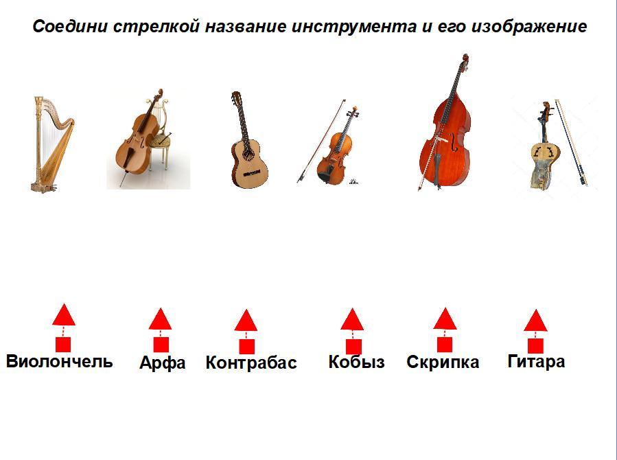 Соедините стрелками правильно рисунки и названия музыкальных инструментов 6 класс