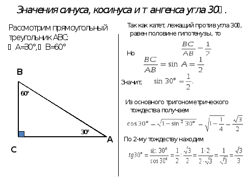 Синусы косинусы углов 30 45 60